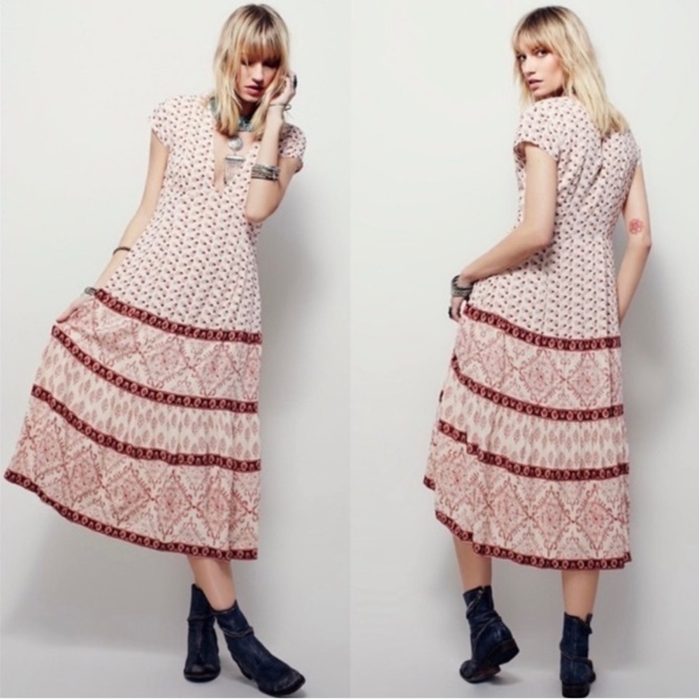 Free people printed maxi dress rust pattern size 0